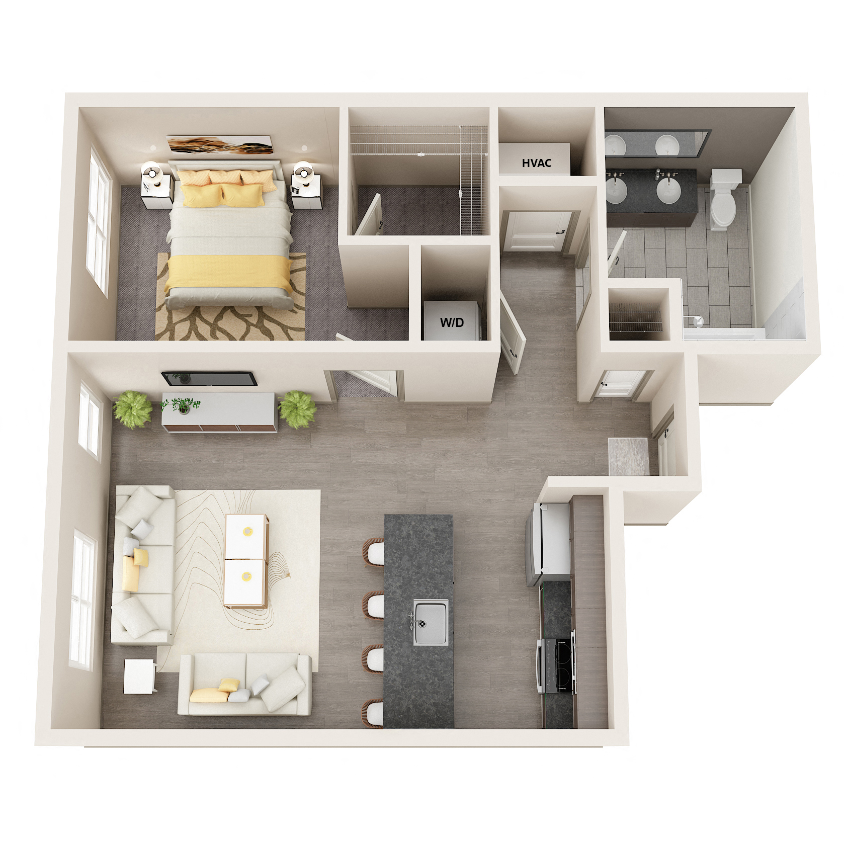 Floor plan for 1 bed, 1 bath, 683 sqft